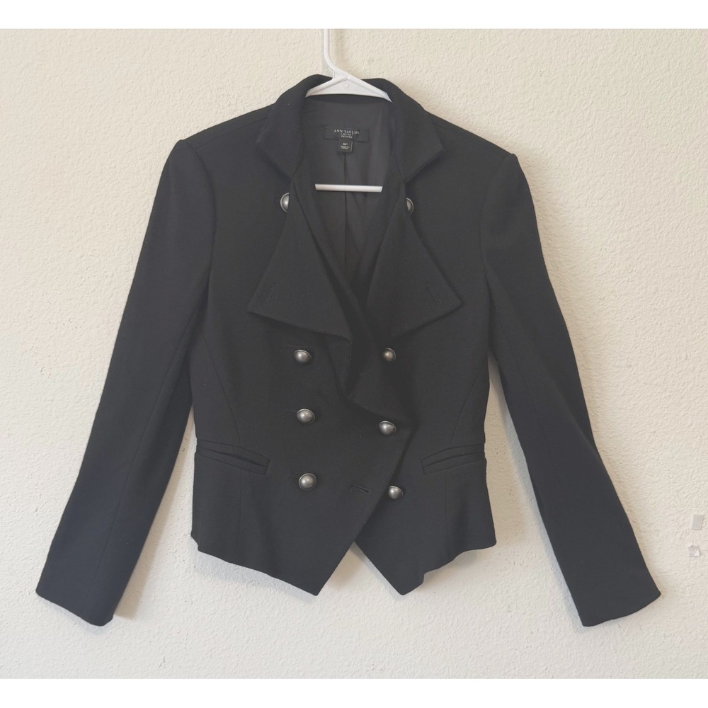 Ann‎ Taylor Wool Double Breasted Blazer Jacket 6P Black Military Style Peplum